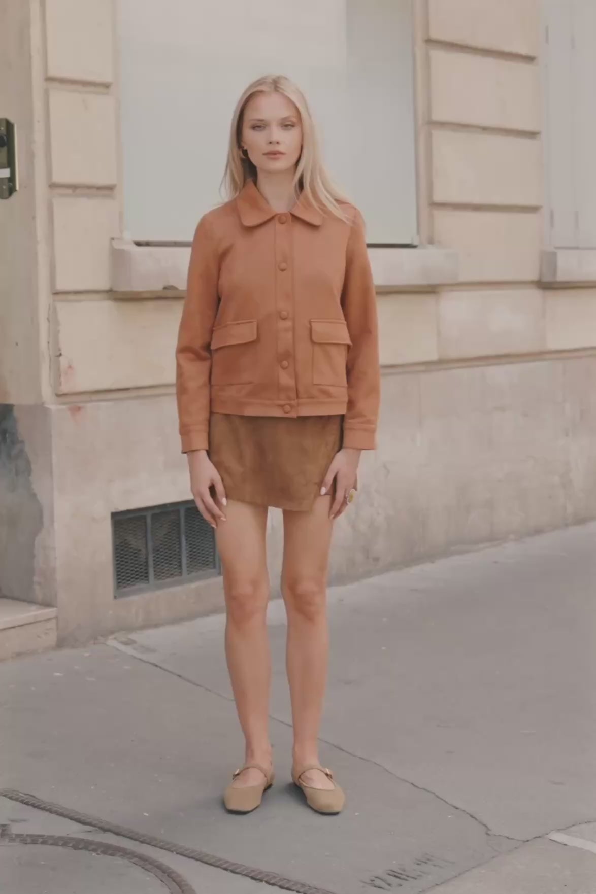 Veste courte femme Maud Caramel suedine maelle studio paris